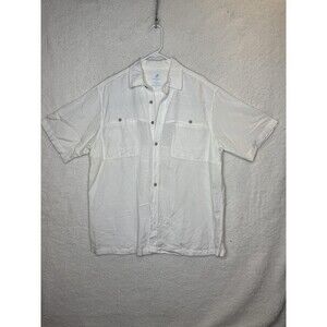 Caribbean Shirt Mens Large White Linen Rayon Short Sleeve Button Up Beach Casual